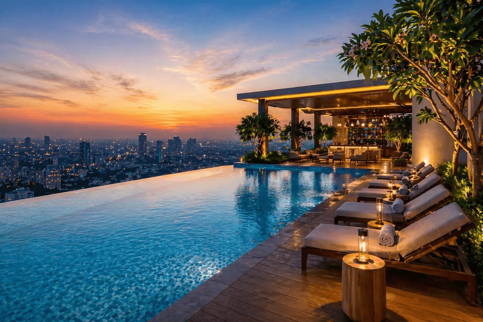 Rooftop infinity swimming pool with deck
